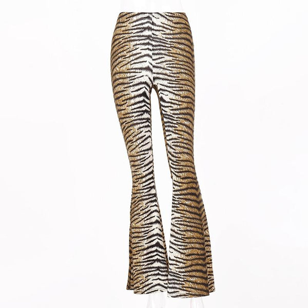 Women's High Waist Animal Print Flare Pants- Leopard or Tiger