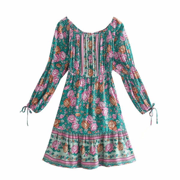 Women's Bohemian Off-Shoulder Floral Print Mini Dress- 2 Colors