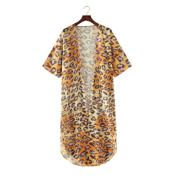 Leopard Print Chiffon Kimono Cover-Up