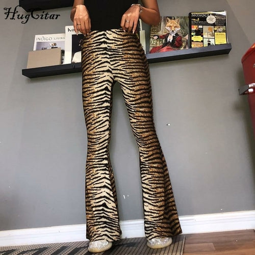 Women's High Waist Animal Print Flare Pants- Leopard or Tiger