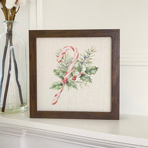 Candy Cane with Holly - Framed Sign