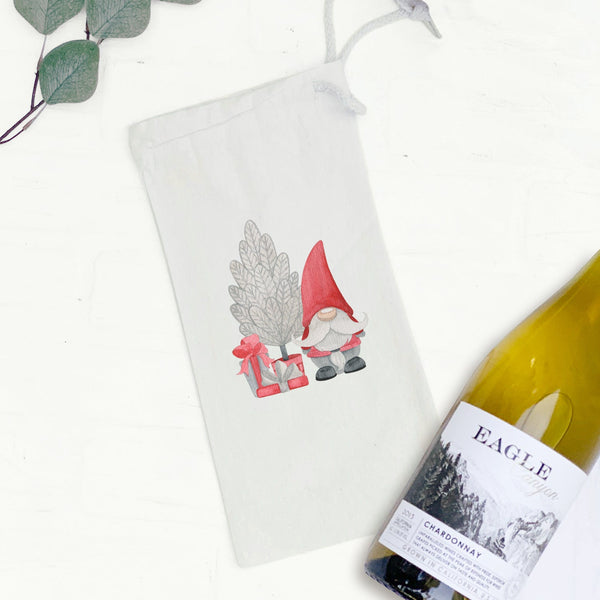 Christmas Gnome with Tree - Canvas Wine Bag