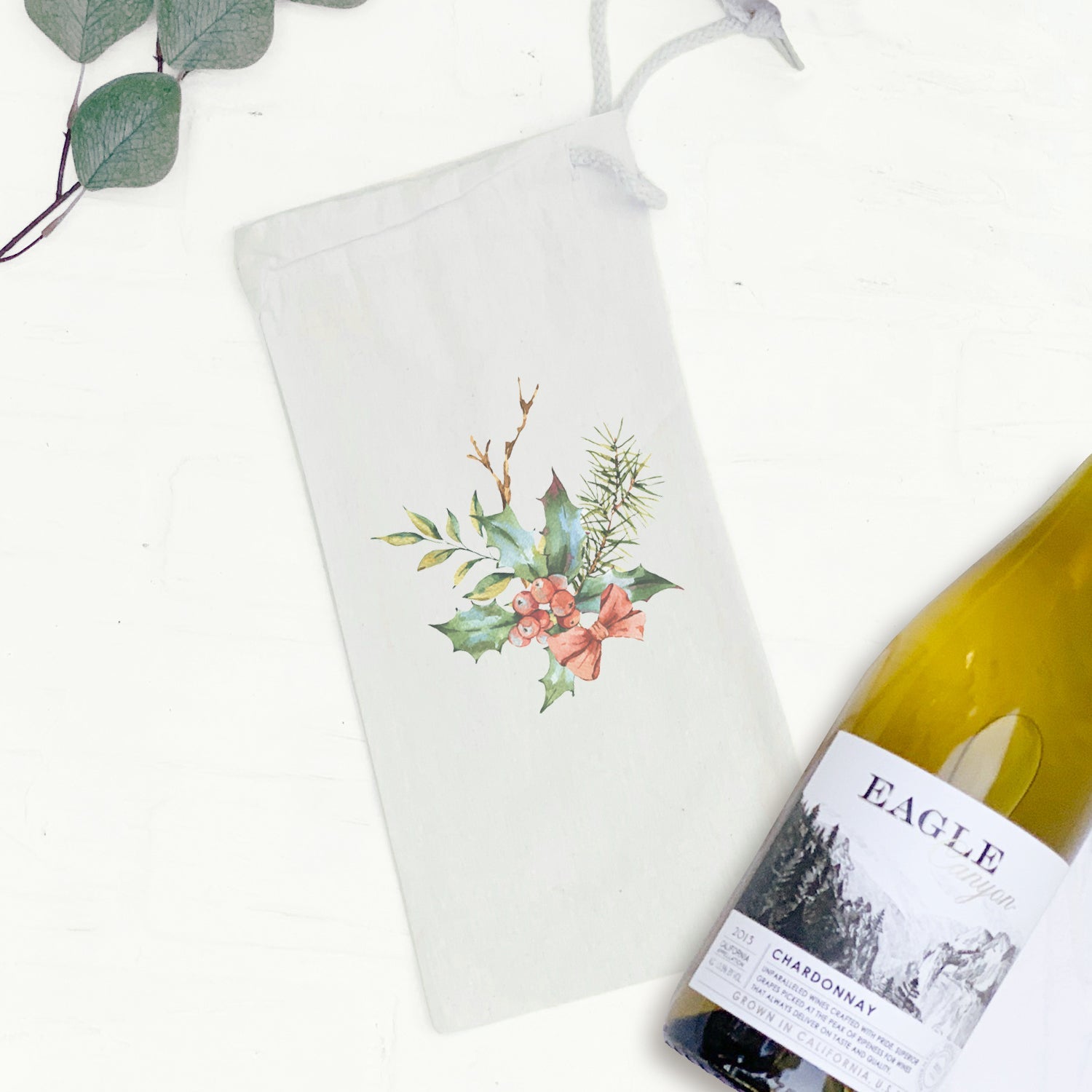 Holly Bundle with Bow - Canvas Wine Bag