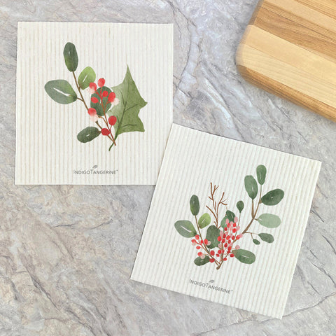 Watercolor Holly Branch, Sprig 2pk - Swedish Dish Cloth