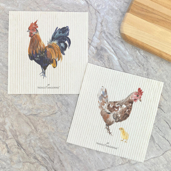 Watercolor Rooster, Hen with Chick 2pk - Swedish Dish Cloth