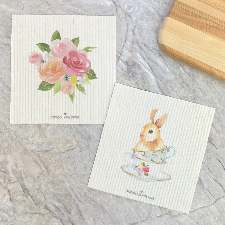 Watercolor Rose Bouquet, Bunny 2pk - Swedish Dish Cloth