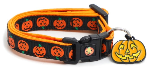 Alternating Jack-O-Lanterns on Black Cat Collar