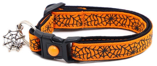 Black Spiderwebs on Orange Collar for Cats- 2 Sizes & 4 Options