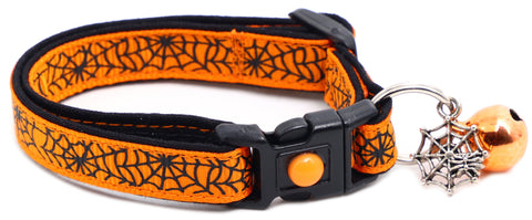 Black Spiderwebs on Orange Collar for Cats- 2 Sizes & 4 Options