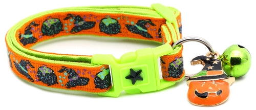Witches Brew on Orange and Green Collar for Cats- 2 Sizes & 4 Options