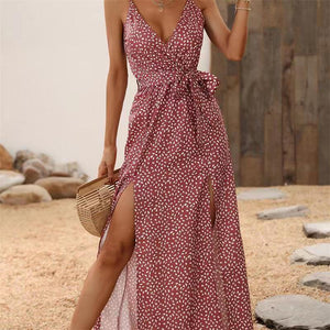 Floral Print Spaghetti Strap Backless V-Neck Tie Waist Dress- 5 Colors