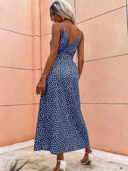 Floral Print Spaghetti Strap Backless V-Neck Tie Waist Dress- 5 Colors