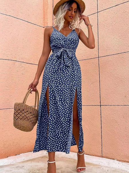 Floral Print Spaghetti Strap Backless V-Neck Tie Waist Dress- 5 Colors