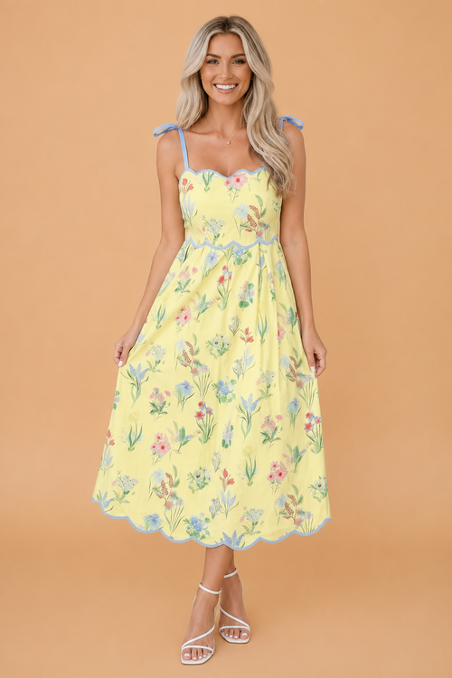 Floral Contrast Trim Tie Strap Midi Dress A
