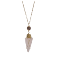 Gold Tone Bead & Wire-Wrapped Arrowhead Pendant Necklace- Rose Quartz