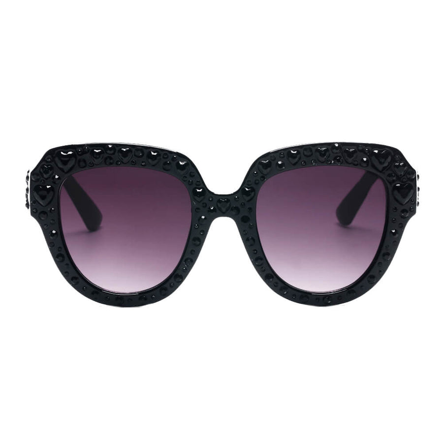OCALA | Black Round Cat-Eye Heart Rhinestone Sunglasses