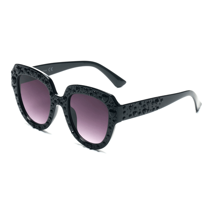 OCALA | Black Round Cat-Eye Heart Rhinestone Sunglasses