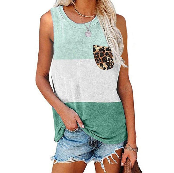 Women's Color Block Leopard Print Pocket Tank Top- 8 Colors