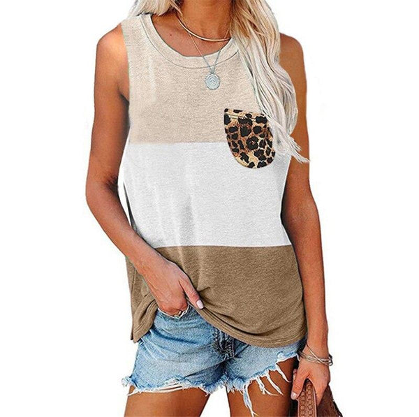 Women's Color Block Leopard Print Pocket Tank Top- 8 Colors