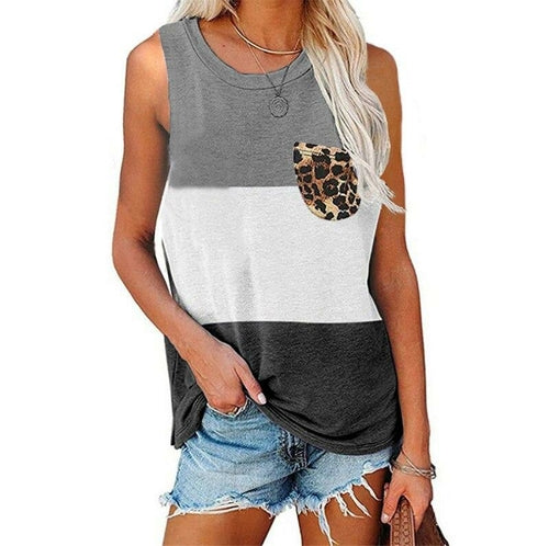 Women's Color Block Leopard Print Pocket Tank Top- 8 Colors
