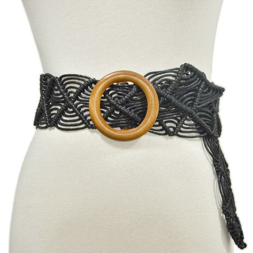 Women's Bohemian Woven Belt with Round Wooden Buckle- 3 Colors