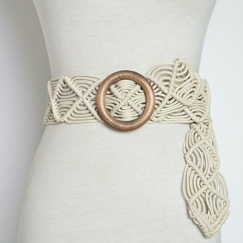 Women's Bohemian Woven Belt with Round Wooden Buckle- 3 Colors