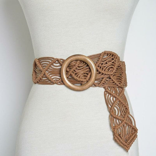 Women's Bohemian Woven Belt with Round Wooden Buckle- 3 Colors
