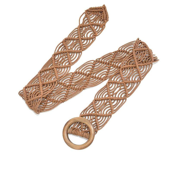 Women's Bohemian Woven Belt with Round Wooden Buckle- 3 Colors