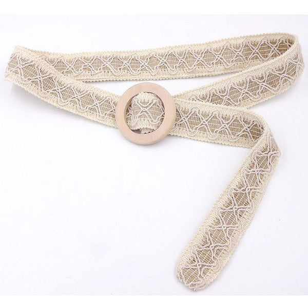 Women's Bohemian Lace Knit Belt with Round Wooden Buckle- 3 Colors