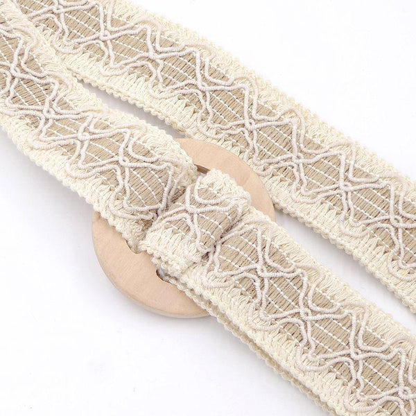 Women's Bohemian Lace Knit Belt with Round Wooden Buckle- 3 Colors