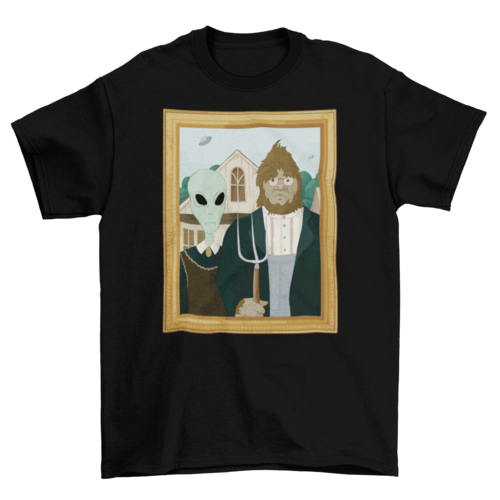 Unisex Alien and Big Foot American Gothic T-shirt- 5 Colors