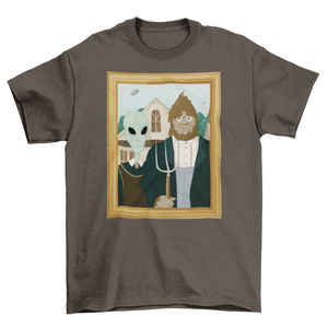 Unisex Alien and Big Foot American Gothic T-shirt- 5 Colors