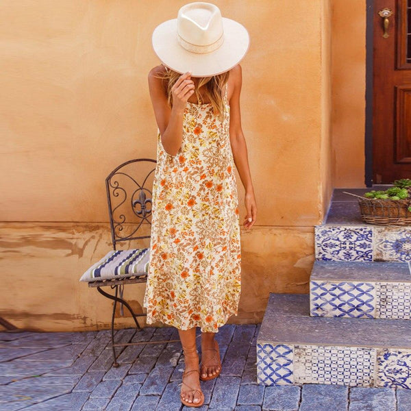 Women's Bohemian Spaghetti Strap Floral Print Trapeze Dress