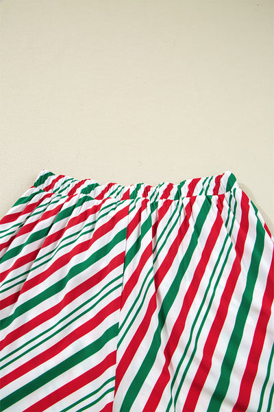 Green Striped Piping Trim Velvet Ribbon Knot Christmas Pajama Set