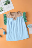 Sky Blue Color Block Ruffled Sleeve Frill V-Neck Short Sleeve Blouse