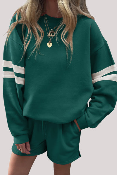 Varsity Striped Sleeve Drop Shoulder Sweatshirt and Shorts Set- 5 Colors