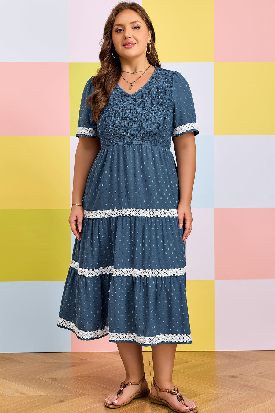 Plus Size Slate Blue V-Neck Swiss Dot Lace Detail Flared Midi Dress with Pockets