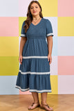 Plus Size Slate Blue V-Neck Swiss Dot Lace Detail Flared Midi Dress with Pockets