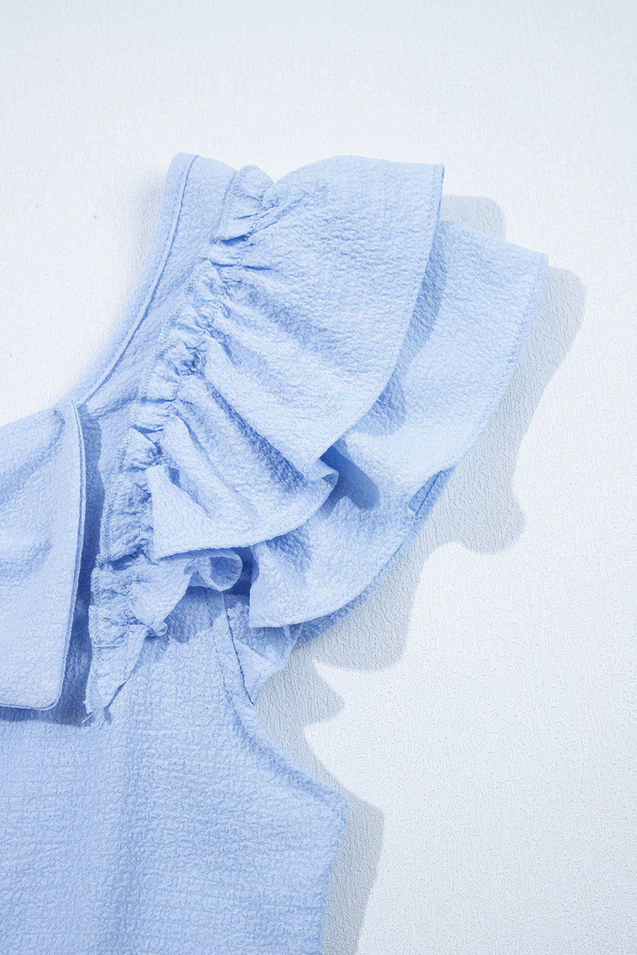 Textured Bow Frilled Ruffle Sleeve Blouse- Light Blue