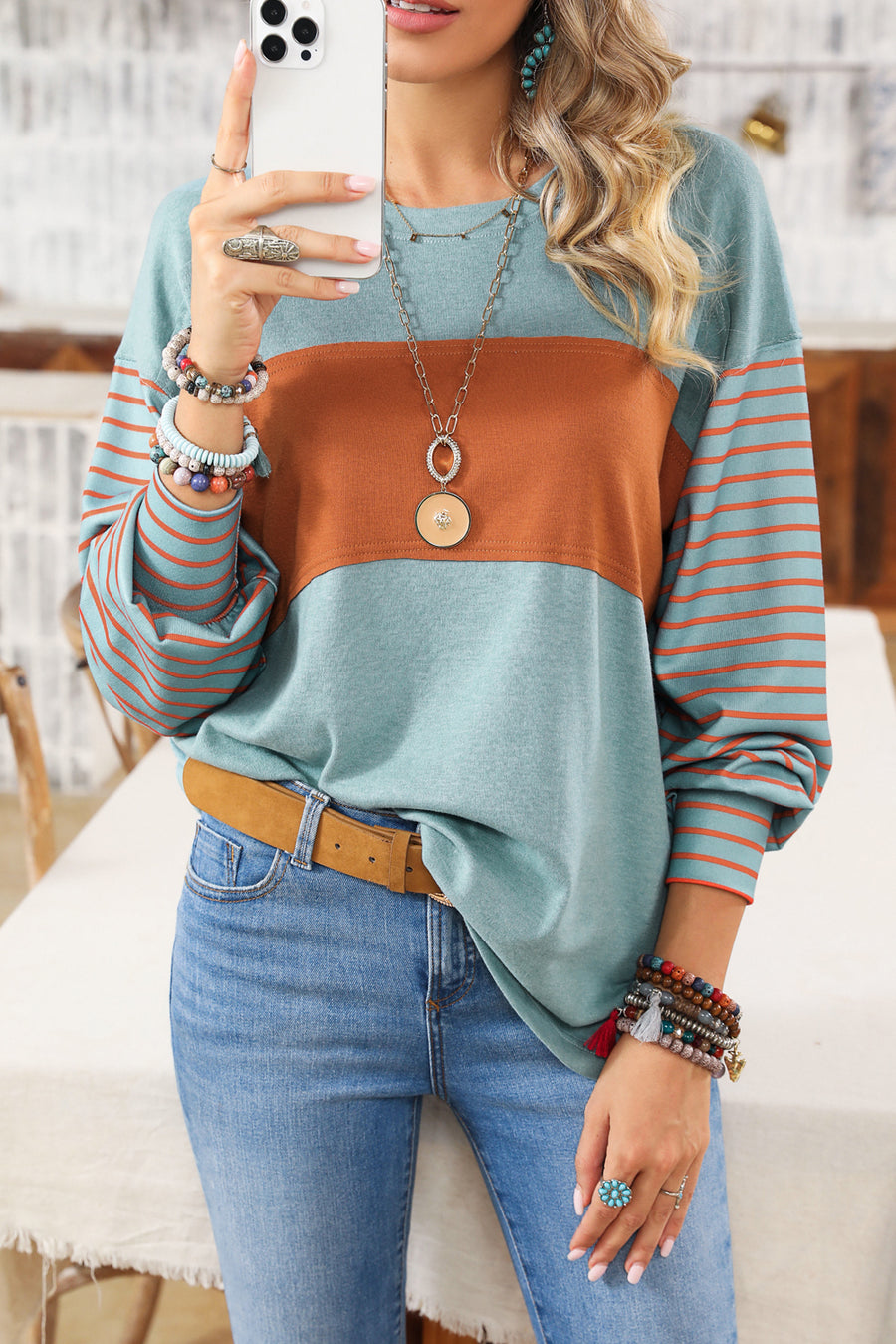 Duck Egg and Rust Color Block Striped Long Bishop Sleeve Side Slit T-Shirt