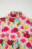 Pink Floral Frilled V-Neck Puff Short Sleeve Blouse