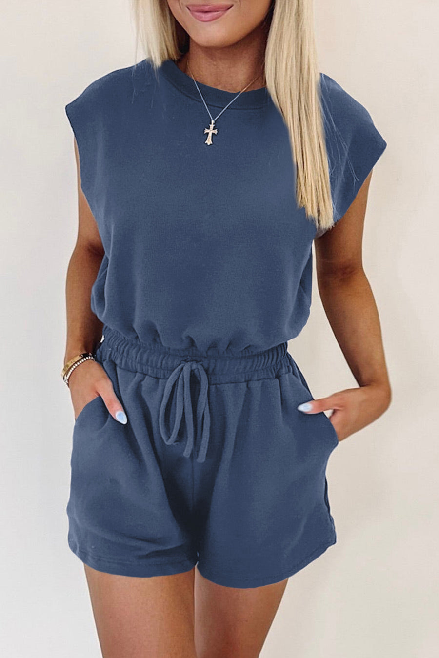Cut-Out Back Drawstring Knit Romper- 2 Colors