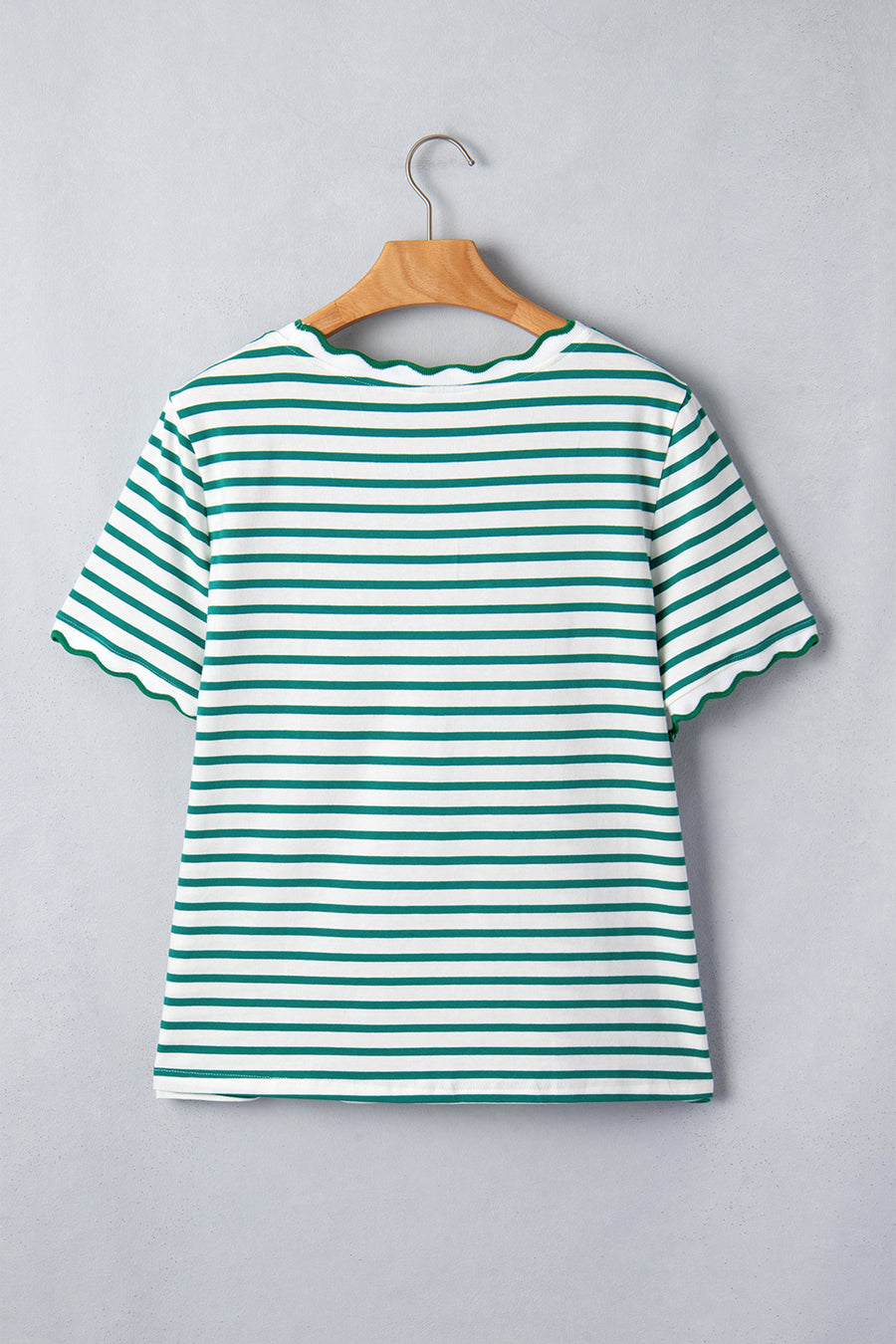 Striped Scalloped Trim Crew Neck Short Sleeve T-Shirt- 5 Colors
