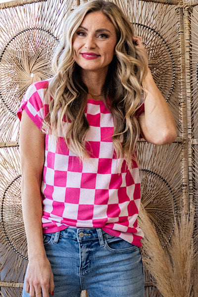 Fuchsia Checkered Pattern Cap Sleeve Knit Top