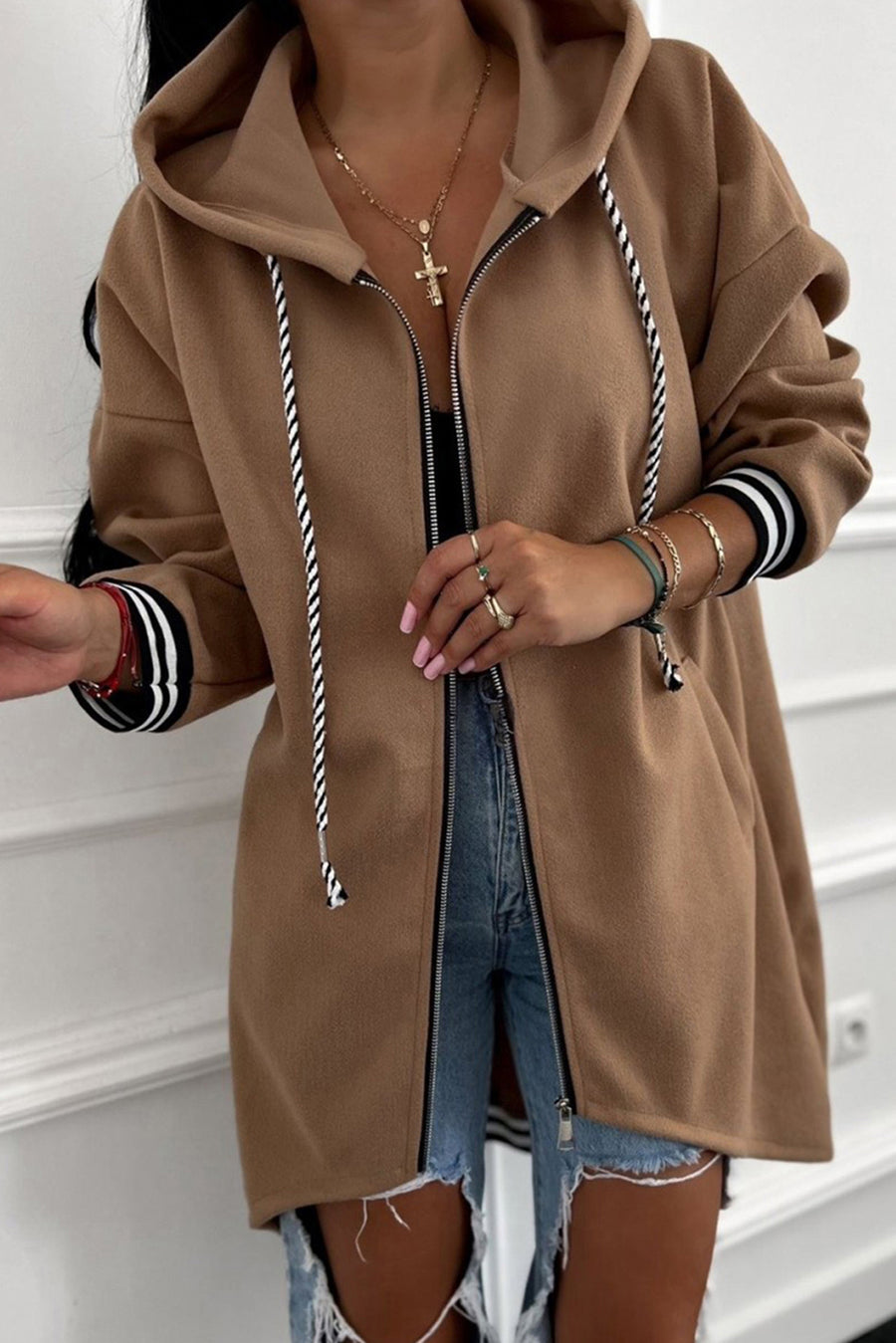 Contrast Cuff Drop Shoulder Zip-Up Tunic Hoodie- 3 Colors