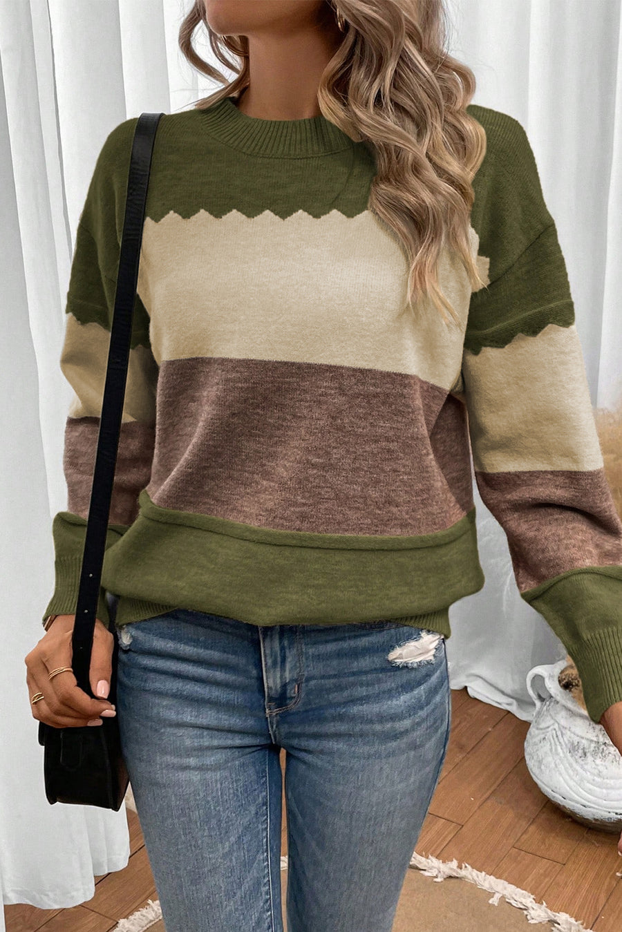 Color Block Crew Neck Drop Shoulder Scallop Detail Sweater- 3 Colors