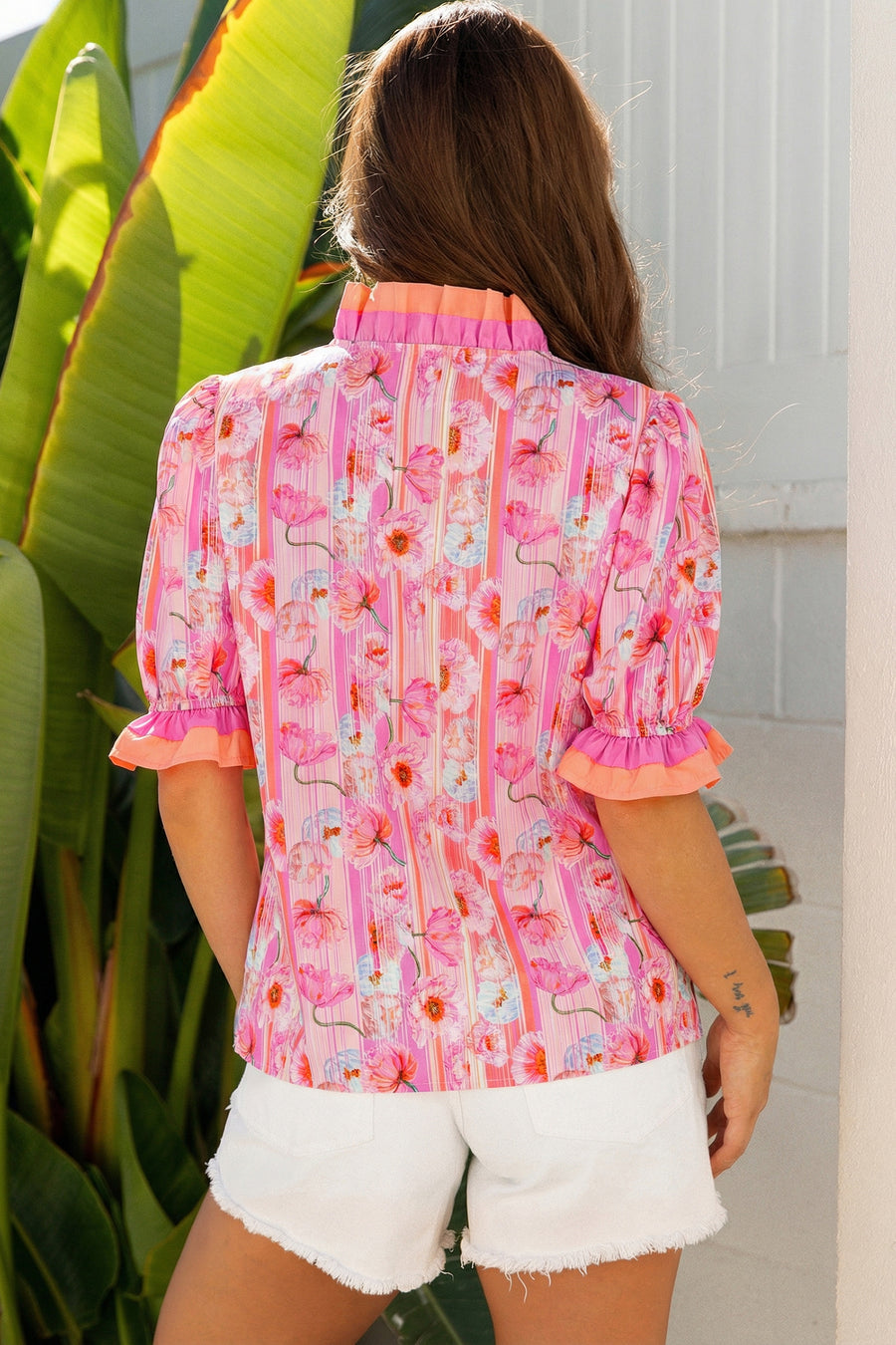 Pink Poppy Floral Striped Color Block Trim V-Neck Ruffled Short Sleeve Blouse