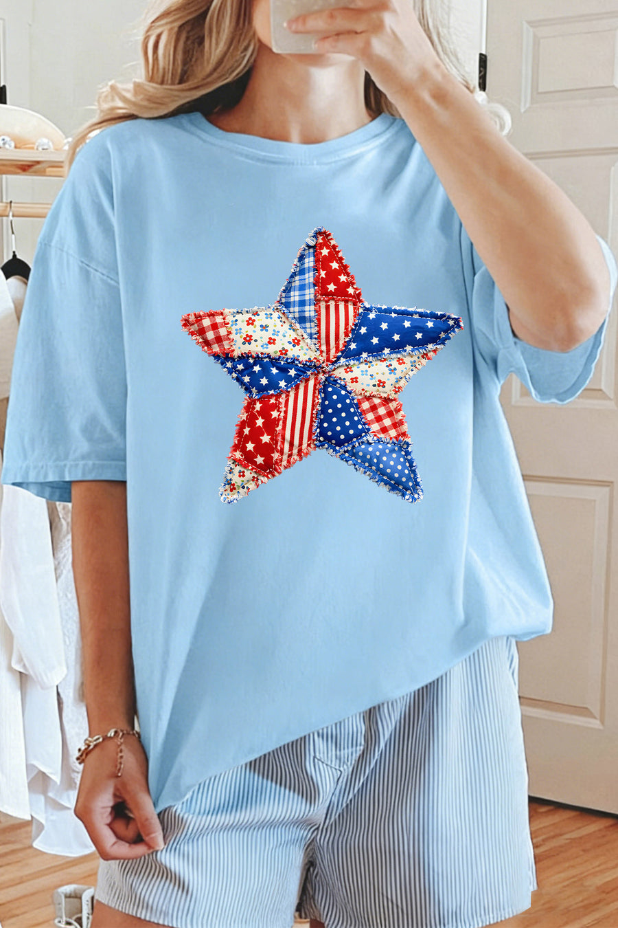Light Blue Faux Patchwork American Star Graphic T-Shirt