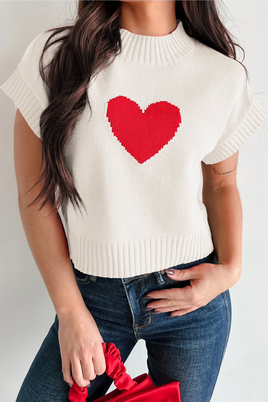 Heart Cropped Short Sleeve Mock Neck Sweater- 3 Colors