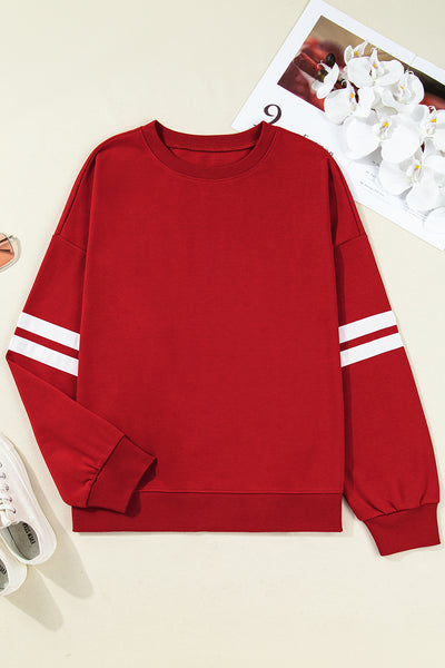 Fiery Red Varsity Striped Detail Plus Size Round Neck Sweatshirt